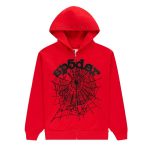 Sp5der Red Studded Web Zip Hoodie